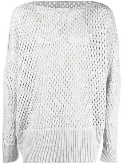 Sulvam Grey Right Drop Mesh Knit Sweater