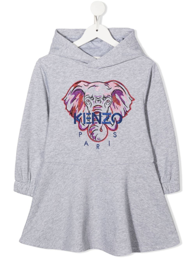 Kenzo Kids' Elephant-embroidered Hooded Dress In Grey
