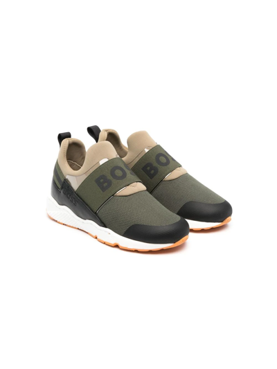 Bosswear Kids' Two-tone Logo-print Trainers In Green