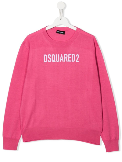 Dsquared2 Kids Pink Wool Blend Pullover With Logo In Rosa