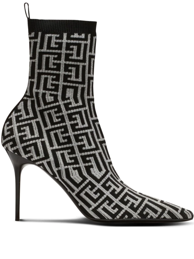 Balmain Skye Monogram Knit Ankle Boots In Nero