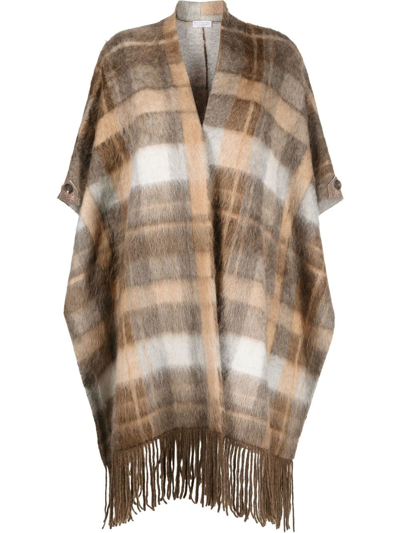Brunello Cucinelli Fringed Checked Brushed Knitted Poncho In Camel