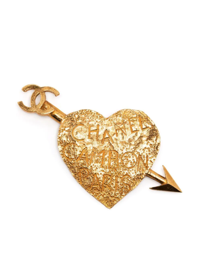 Pre-owned Chanel 1993 Logo-heart Brooch In Gold