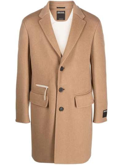Zegna Single-breasted Camel Hair Coat In Beige