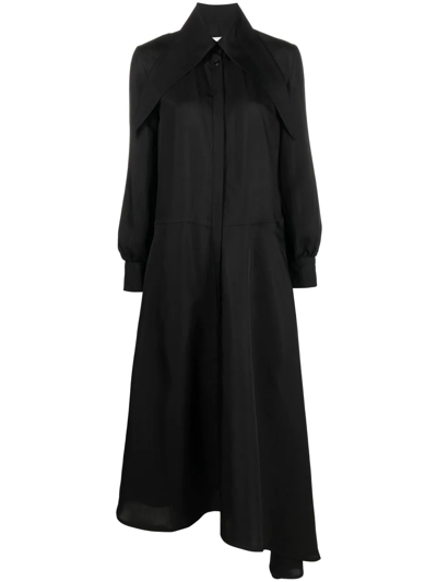Jil Sander Tie-neck Asymmetric-hem Wool Shirt Dress In Black