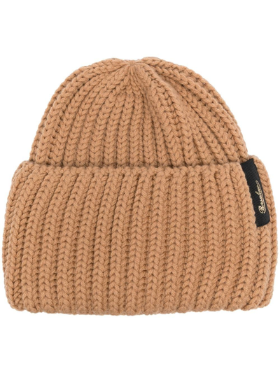 Borsalino Logo-patch Ribbed Virgin Wool Beanie In Camel