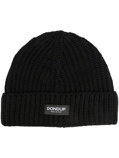 Dondup Logo-patch Ribbed-knit Beanie In Black