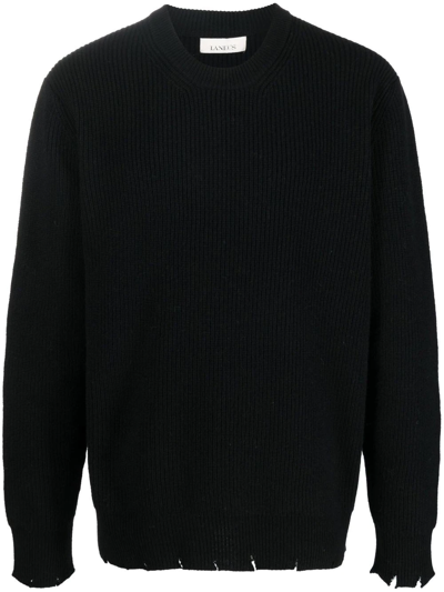 Laneus Broken Crewneck Black Wool And Cashmere Ribbed Sweater.