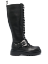 VERSACE JEANS COUTURE BAROQUE-BUCKLE KNEE-HIGH BOOTS