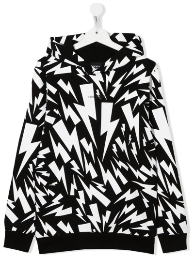 Neil Barrett Teen Graphic Thunderbolt-print Hoodie In Nero/bianco