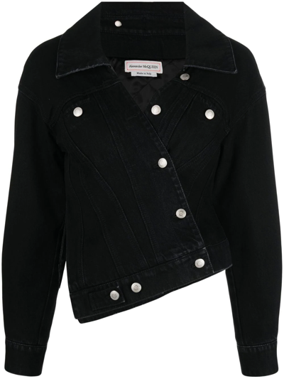 Alexander Mcqueen Asymmetric Denim Jacket In Black