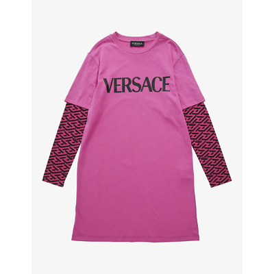 Versace Kids' La Greca Logo-print Cotton-jersey Dress 4-14 Years In Fuxia+nero