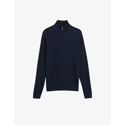 Ted Baker Martenn Half-zip Funnel-neck Cotton-blend Jumper In Navy