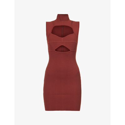 Herve Leger Cut-out Ribbed Recycled Rayon-blend Mini Dress In Mahogany