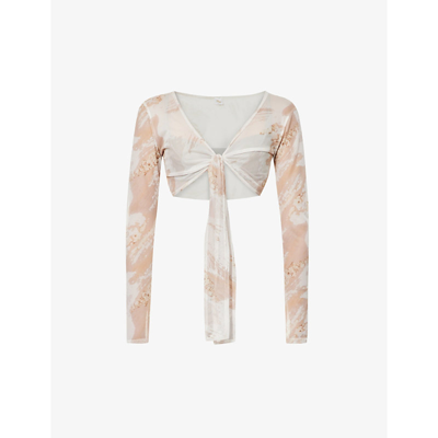 Gracejacob Asymmetric Abstract-print Woven Top In Marble Sand