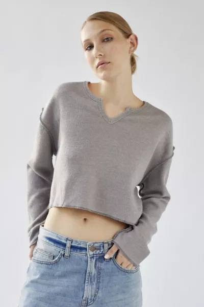 Urban Outfitters Uo Parker Notch Neck Long Sleeve Top In Grey