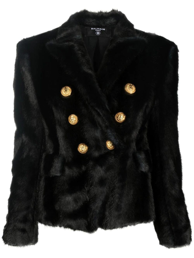 Balmain Black Faux-fur Double Breasted Jacket In Nero