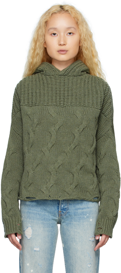 Amiri Hybrid Cable-knit Cashmere Hoodie In Olive Gree