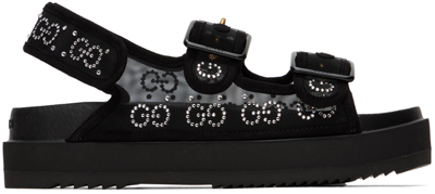 Gucci Crystal-embellished Monogram-pattern Sandals In Black