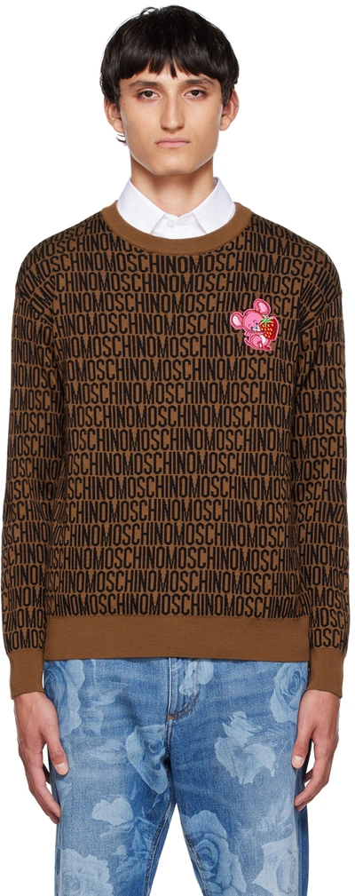Moschino Pullover In Maglia Jacquard Con Motivo Logo In Brown,black