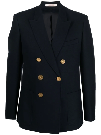 Valentino Double-breasted Wool Blazer In Blue