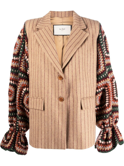Tu Lizé Crochet-knit Buttoned-up Blazer In Neutrals