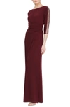 Sl Fashions Beaded Sleeve Ruched Gown In Burgundy