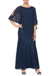 Sl Fashions Petite Round-neck Sequin Lace Cape Dress In Nwn