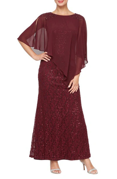 Sl Fashions Chiffon Popover Sequin Lace Gown In Fig