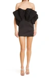 Rotate Birger Christensen Natalie Strapless Flocked Mesh-paneled Satin Mini Dress In Black