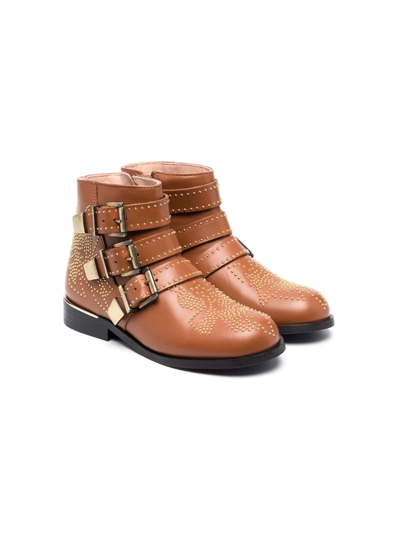 Chloé Kids' Studded Buckled Ankle Boots In Brown