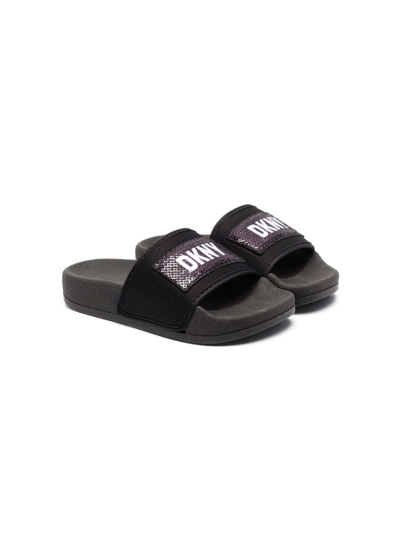 Dkny Kids' Sequin Logo Detail Slides In Black