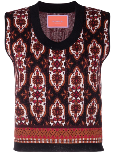 La Doublej Patterned Jacquard Merino Vest In Black/orange