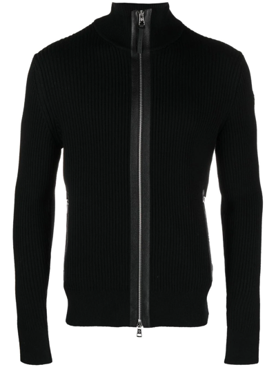 Moncler Men's Ribbed Leather-trim Cardigan Sweater In Black
