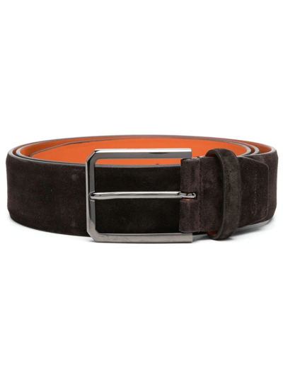 Santoni Square-buckle Suede Belt In Brown