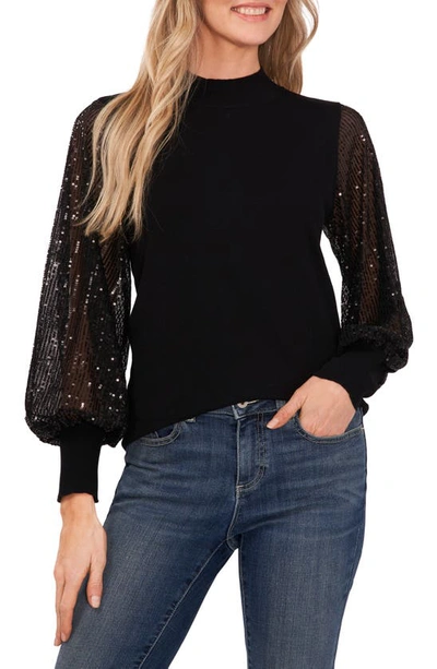 Cece Sequin Sleeve Mock Neck Sweater In Black