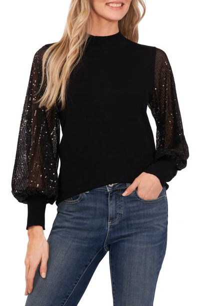 Cece Sequin Sleeve Mock Neck Sweater In Rich Black