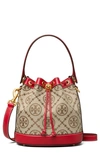 Tory Burch T Monogram Jacquard Bucket Bag In Hazelnut / Tory Red