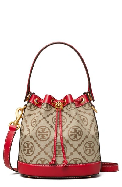 Tory Burch T Monogram Jacquard Bucket Bag In Hazelnut / Tory Red