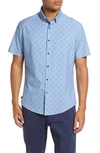 Mizzen + Main Leeward Trim Fit Leaf Print Short Sleeve Performance Button-up Shirt In Blue Yellow Leaf Print