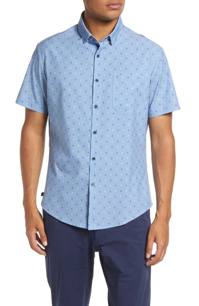 Mizzen + Main Leeward Trim Fit Leaf Print Short Sleeve Performance Button-up Shirt In Blue Yellow Leaf Print