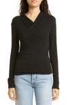 Vince Wrap Front Long Sleeve Knit Top In Black