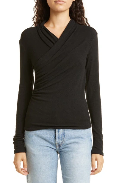 Vince Wrap Front Long Sleeve Knit Top In Black