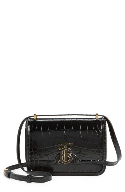 Burberry Small Tb Monogram Croc Embossed Leather Shoulder Bag In Black