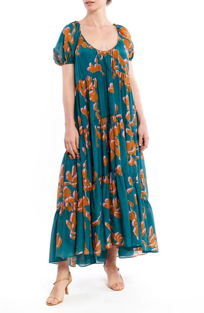 La Ligne Floral Scoop Neck Cotton & Silk Dress In Jade/cognac/bublegum