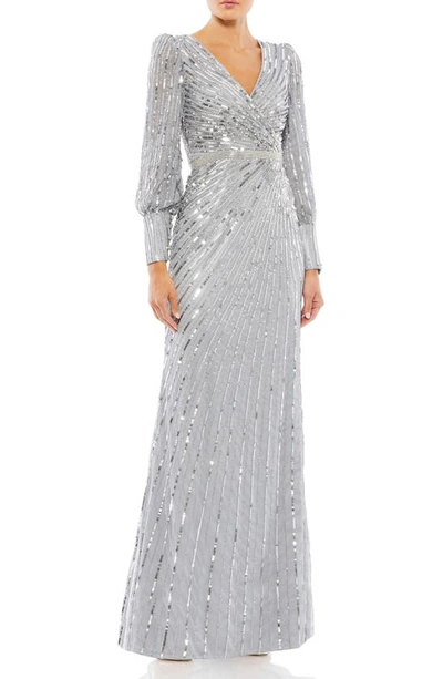 Mac Duggal Leg Of Mutton Sleeve Sheath Gown In Silver