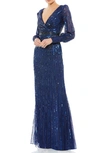 Mac Duggal Leg Of Mutton Sleeve Sheath Gown In Blue