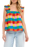 English Factory Rainbow Check Ruffle Strap Cotton Tank In Multi