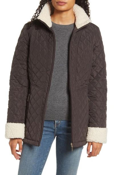 Gallery Quilted Jacket With Faux Shearling Trim In Dark Cocoa
