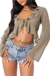 Edikted Resse Ruffle Chiffon Top In Olive